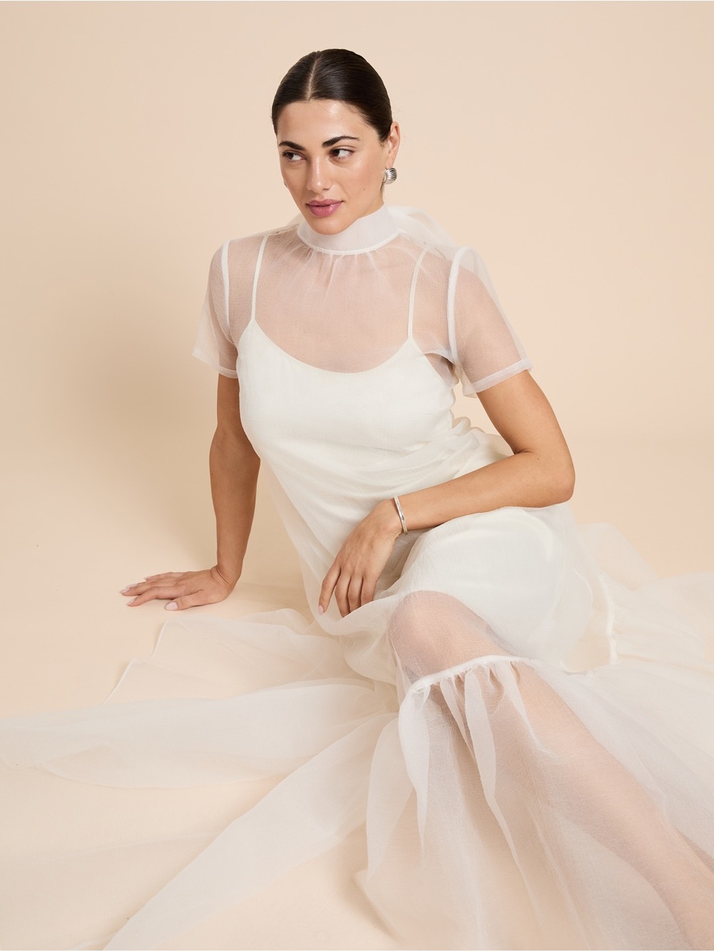 CAARA Ivory Sheer Overlay Maxi Dress w/ Slip Romantic Tulle Mock Neck NWT